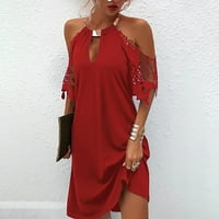 Sendresses for Women Fashion Mini kratki rukav rugajući izrez Solid Datum A-line haljina Red XL