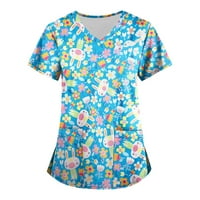 Ženski vrhovi bluza cvjetni kratki rukav Ležerne prilike za žene Ljeto posada izrez majice Sky Blue