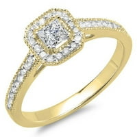 Dazzlingock kolekcija 0. Carat 14K Princess & Okrugli dijamant Halo Bridal Angažov prsten CT, žuto zlato,