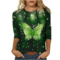 Žene vrhovi ležerne rukavske vrhove slatki leptir tisak Tee majica casual labavo lagana Henley majica zelena xxl
