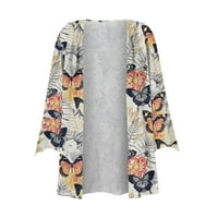 APEPAL ženski cvjetni print puff rukav kimono kardigan labav pokrov up casual bluza vrhovi kaki s