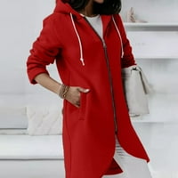 Symoidni ženski kaputi i jakne sa kapuljačom - čvrsti dukseri dugih rukava dugim rukavima i nepravilni rub dugi kaput s džepovima crveni xxxxxl