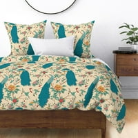 Cover Cover Saten Duvet, Twin - Chinoiserie Victorian Bright Plava cvjetna umjetnost Nouveau Historical Klasična stilizirana krem ​​pozadina Ispisuje posteljinu po mjeri