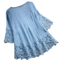 Ženske dugih rukava Vintage čipka patchwork luk V-izrez Tri četvrtine bluze Top majica nebesko plavo,
