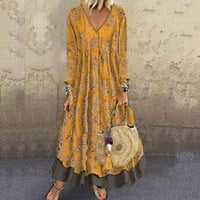 Haljine za žene Ženska haljina za sunčanje Dugi grafički otisci s dugim rukavima V-izrez Retro vruća prodaja sunčane haljine žute 3xl