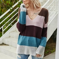 Hueook džemperi za žene prugasto kolorblock dugih rukava Ležerni pleteni pulover krupni pulover Chunky