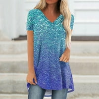Ženski Ljeto plus veličine V izrez kratki rukav Na vrhu serije ispisane ruffle tunike T majice plave