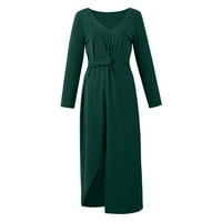 Ženska elegantna haljina Linijska haljina za goste V izrez dugih rukava pune boje visoke splitske haljine za gležnjeve zelena l