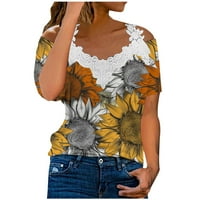 Ljetni vrhovi ženske majice cvjetni čipkasti patchwork breme hladnog ramena TEE labavi kratki rukav V izrezni tunike bluze