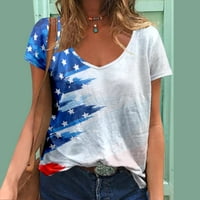 Puuawkoer ženski ručno oslikana majica V izrez TEE košulja Pulover kratki rukav vrhom Nezavisnosti Dnevna majica Ženske vrhove 2xl bijela