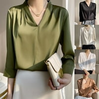 Silky saten majica s dugim rukavima žene mekana udobna komforana v-izrez vrh Elegantna bluza