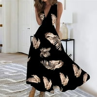 Tking Fashion Žene Ljetne elegantne print večernje haljine Boho Slim bez rukava V-izrez Flowy Maxi haljine crne m