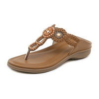 Aoujea Ljetne sandale za žene udobna okrugla glava plaža Boho Rhinestone Resort Flat Cipele Žuta za
