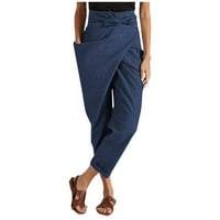 Iopqo casual pantalone za žene Ženska casual labava visoka struka čipkasti čipka čvrste jedan bočni džep udobne hlače tamno plave + xl