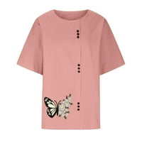 Kravlje tiskane pamučne platnene bluze za žene, žensko casual gumb T majice ruffle rukave bluze okrugli