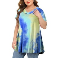 Žene plus veličine za čišćenje žene plus veličine vrhova Tie-dye Ispis kratkih rukava V-izrez bluza plutala košulja s rukavima Blue XL
