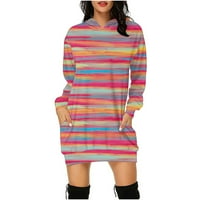 Ženska dukserica s kapuljačom trendi prugasti ispisani labavi fit crew izrez džepove dugih rukava Mini pulover haljina s dugim rukavima multicolor s
