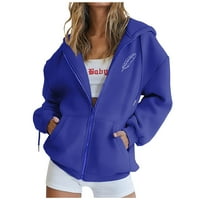 Ženske zip up dukseve dugih rukava padajući ručice runo Y2K jakne nacrtav pulover sa džepovima plavi xxl