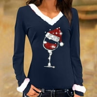 Floleo Clearence ženski vrhovi majica s dugim rukavima žene Seksi božićna vina Glass Slim Velvet Stiching