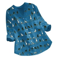 Yyeselk pamučne bluze za žene casual up up manževe rukavi V-izrez Tunic vrhovi Trendi lijepa mačka Ispis