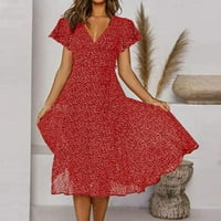 Ploknplq Žene Ljetne haljine Ženski kratkih rukava V izrez cvjetna polka tačka ispisana haljina za žene Ležerne ljetne haljine za žene crvene l