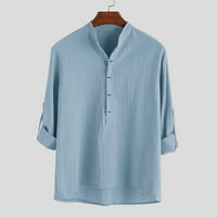 Lydiaunistar Muška vrhovi na prodaju muške pamučne posteljine dugih rukava stojeći ovratnik na majici Modna casual majica top bluza svijetlo plava