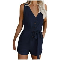 Atinetok Womens Rompers za ljeto visokog struka Stroper Shorts Playsuits Jedan seksi Rompers V-izrez kratki rukav s kratkim rukavima Udobne labave široke noge, kratki džepovi