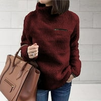 Ženska jesen i zimska casual labava džepa u boji šivanje dugih rukava topli plišani pulover vrh, vino