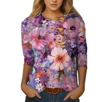 Komforne T majice za žene Ljetne vrhove okrugli vrat Troje četvrtina rukave udobna cvjetna bluza za