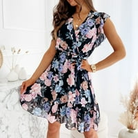Ljetne haljine za prodaju za žene za žene s kratkim rukavima za tisak cvjetnog uzorka V-izrez ruffle