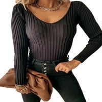Ženski dugi rukav rebrasti skper s V-izrezom, majica za bluzu na ležernom bluzu