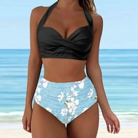 Booker kupaćim kostima Žene Visoki struk Bikini Push up dva kupaća komisija Vintage Bath odijela Retro ruched print bikini set svijetlo plavi poliester xl