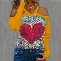 Olyvenn Smanjena zaštitna bluza Tunnine majice za žene Geometrijska ljubav Heart Print V izrez Halter Fashion Dame Slim Fit Casual Hladno rame Proljeće Ljeto Žensko Leisure Yellow XL