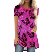 Ženski vrhovi leptir tiskane majice kratki rukav majica s popustom Crewneck bluza casual labavo midi tunika vruće ružičaste xxl
