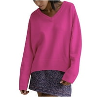 Wyongtao Ženski pulover Duks ležerne haljine dugih rukava s dugim rukavima V-izrez, vruće ružičaste