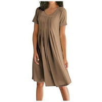 Ženski ljetni okrugli vrat Vintage A-line haljina Dužina koljena kratki rukav Puna boja ruched haljina