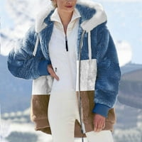 ŽENSKE FUZZY FLEECE JACK BLOK BLOK ZIPPER Jakna sa kapuljačom Zimska debela plišana topla gornja odjeća