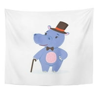 Smiješni lik za bebe hippo noseći gornji šešir i kravatu za luk sa Cane Slatka Behemoth Zidna umjetnost Viseća tapiserija Kućni dekor za dnevnu sobu spavaća soba spavaonice