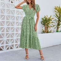 Ženske oblače V-izrez casual cvjetni maxi a-line s kratkim rukavima ljetna haljina zelena m