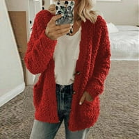 Plišani džemper Cardigan za žene džepove Dugmes Outerwear Ležeran modni kaput od punog boja