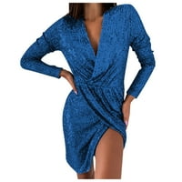 Žene oblače zimsku V-izrez-izrez čipkasti mrežica za šivanje rublja rubne prorezne haljine Nova puna boja plava haljina 4xl