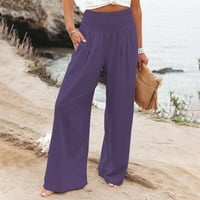 Radne pantalone za žene Visoki struk široki noga Palazzo Lounge Smared Elastic Loose Comfy casual pidžama džepovi Purple XL