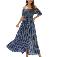 Ženske vertikalne pruge ispisane s ramena Maxi haljina elastična struka prednji prorez kratkih rukava za odmor casual boem haljina cvjetna plaža za plažu plave s