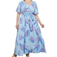 Plus size Ljetne haljine za žene V-izrez kratki rukav Bohemian Maxi haljina labava Flowy Betted Plaža Duga sunčana haljina