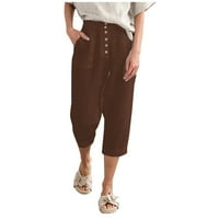 Uorcsa Comfy Cropped Lood široki džep pamučni posteljina Svestrane čvrste meke ženske hlače Kafa