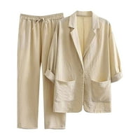 Pamučne posteljine odjeće za žene ljetni baš poslovni rad odijeva ulični gumb prema dolje i pantalone odijelo