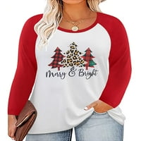 Dame plus veličine vrhovi sretne božićne staklene krajeve dugih rukava crvena raglan bijela pulover