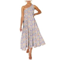 Ženske haljine jedno rame cvjetno odijevanje bez rukava srednje dužine A-line haljine plavi xl