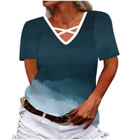 StMixi majice za žene kratki rukav V-izrez gradijent ispis ljetni osnovni vrhovi moda izdubljena zatamnjena