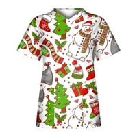 Jsaierl božićni piling vrhovi žene V-izrez kratki rukav Xmas Print TOP Work T majica Nizse uniforma plus bluza za bluze tinejdžeri sa džepovima